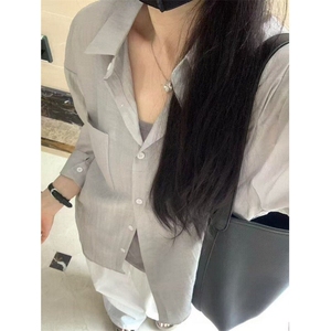 蓝灰色亚麻防晒衬衫外套女夏季薄款宽松休闲长袖衬衣 CA315图片