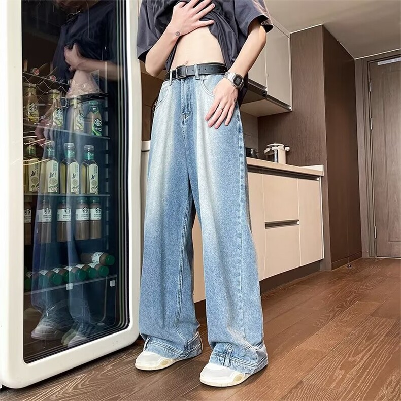 反穿设计感裤子男夏季新款美式hiphop水洗牛仔裤潮牌宽松微喇长裤图片