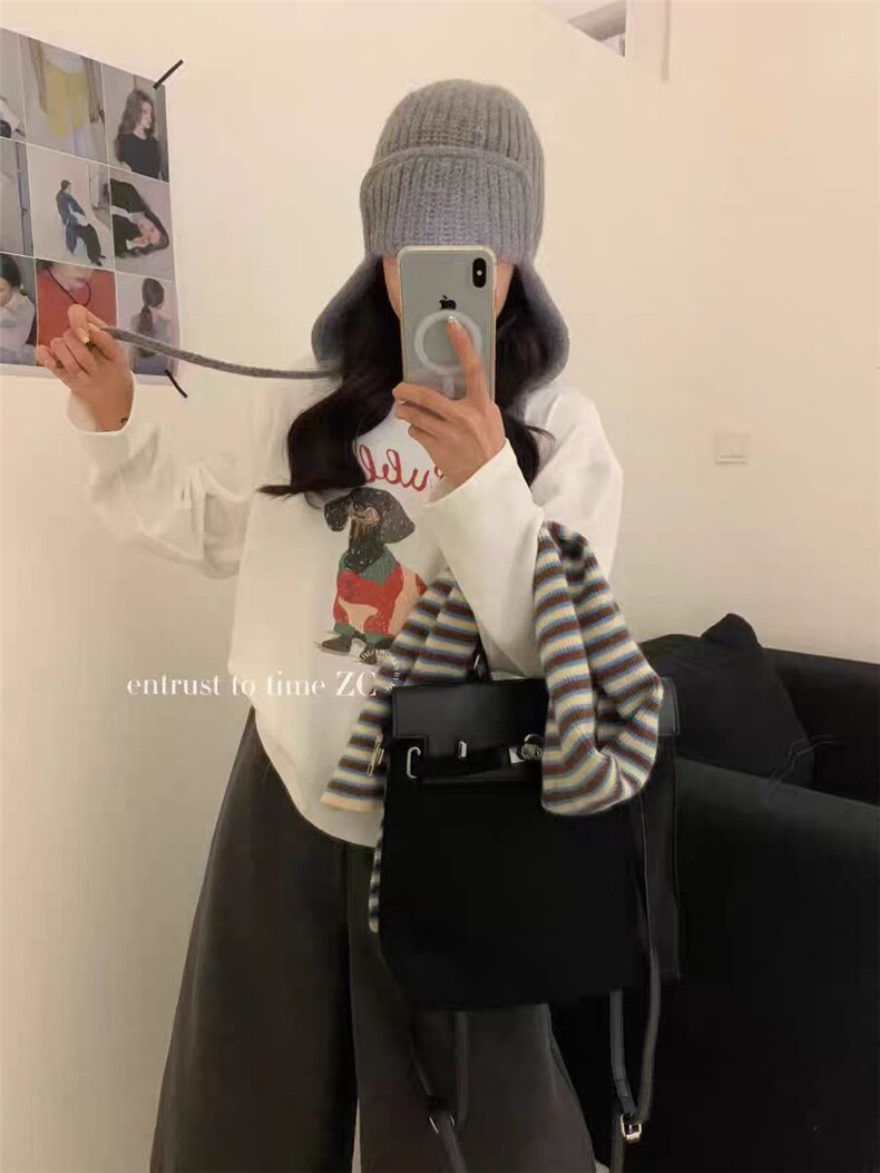 2025年秋季时尚百搭通勤简约休闲卡通腊肠狗德绒打底长袖，女装T恤，湘姗