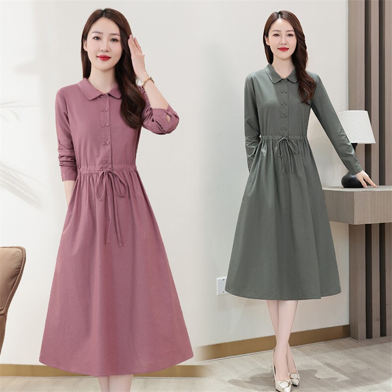 秋季新款纯色棉麻大码修身显瘦长袖连衣裙，女装连衣裙，鑫思依格