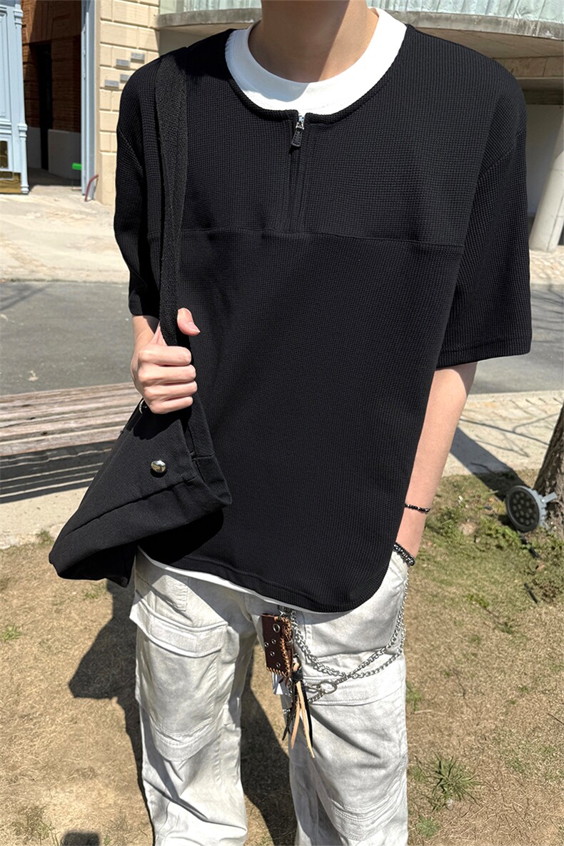 韩系慵懒高级感假两件极简拼接撞色短袖上衣T恤夏季短袖上衣P42,男装T恤,电商B319