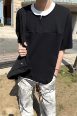 韩系慵懒高级感假两件极简拼接撞色短袖上衣T恤夏季短袖上衣P42，男装T恤，电商B319