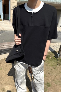 韩系慵懒高级感假两件极简拼接撞色短袖上衣T恤夏季短袖上衣 P42图片