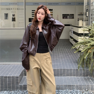 复古咖色短款皮衣外套女秋季2025新款高级感穿搭又酷又飒pu皮夹克图片