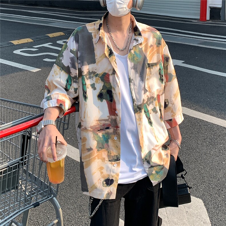 2026夏休闲水墨画冰丝凉感短袖五分袖半袖衬衫CS29/特P30卡其,男装T恤,电商A094