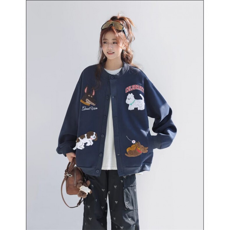 A1093-P55日系卡通小狗毛巾绣圆领卫衣男女慵懒风宽松bf开衫外套，女装短外套，电商C233B