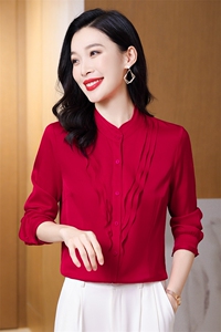 红色重磅真丝衬衫女2026春装新款立领荷叶边气质女人味真丝上衣图片