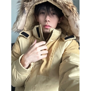 A296-P148 冬季可拆卸毛领棉服灯芯绒拼接连帽工装上衣棉衣图片