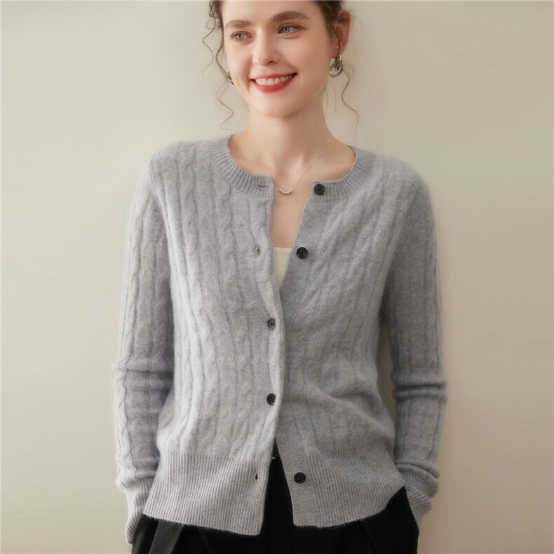 欧供尖货~100%纯山羊绒开衫女圆领秋冬加厚菱形提花针织毛衣外套，女装羊绒衫，暖凌绒