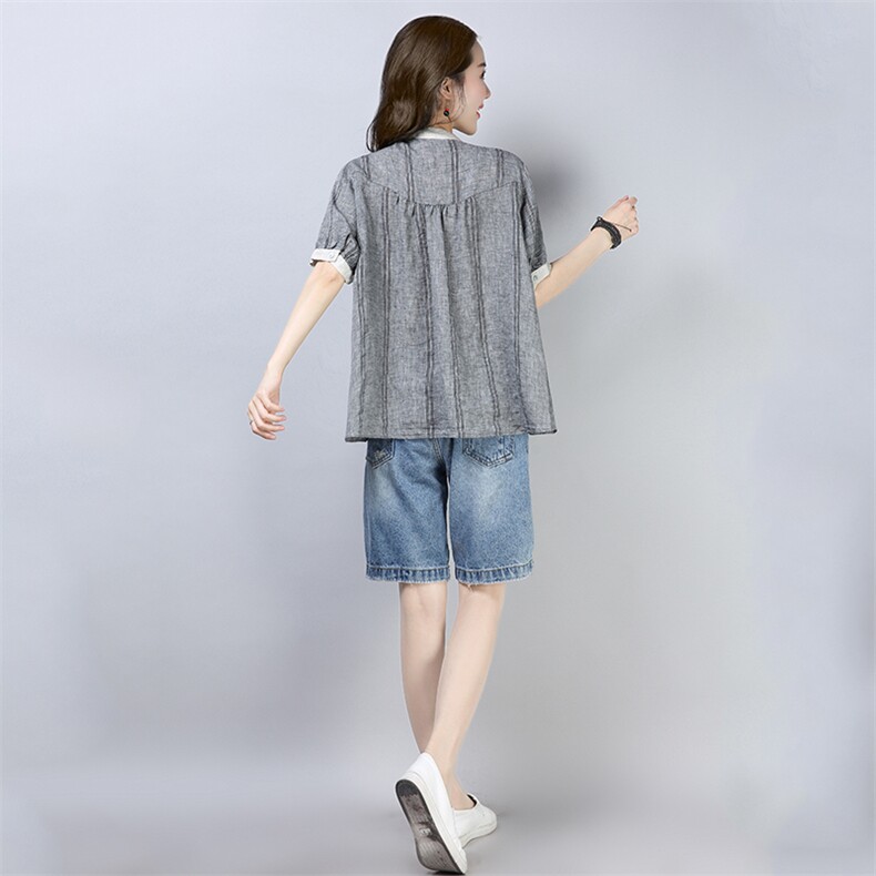 2021年夏季圆领条纹短袖款的排扣气质显廋百搭衬衫,女装衬衫,叶笙衣