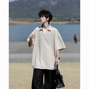 8XL-M假两件V领短袖t恤男夏翻领半袖宽松重磅华夫格大码DT001P40图片
