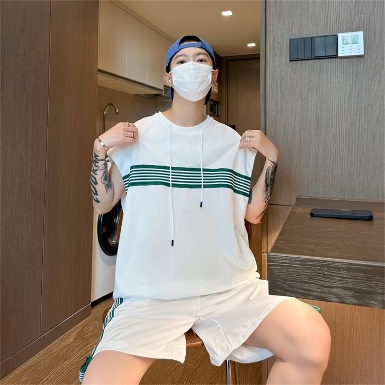 运动套装男无袖T恤条纹拼色帅气2023夏季ins假两件短裤W4846-P49,男装休闲套装,星座412-3