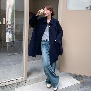 藏青色韩系双面羊毛呢大衣2025新款女冬今年流行中长款毛呢厚外套图片