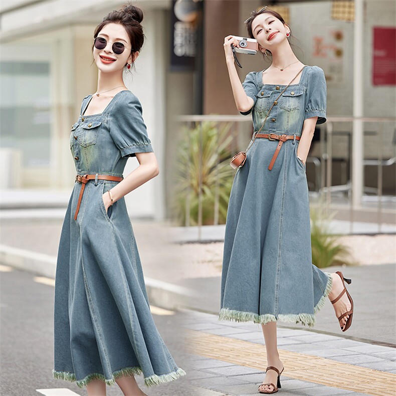 （新款现货）2026夏收腰显瘦气质方领毛边牛仔连衣裙女（配腰带），女装连衣裙，印象茜