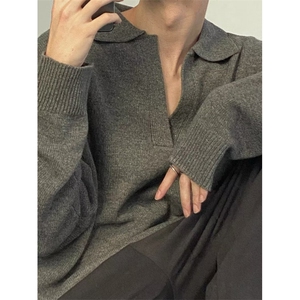 灰色套头POLO领针织衫上衣冬季新款慵懒风宽松百搭男 M2323图片