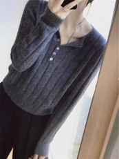 2025年秋季新款五扣半开领针织上衣时尚休闲通勤百搭，女装针织衫/毛衣，恒恩羊绒