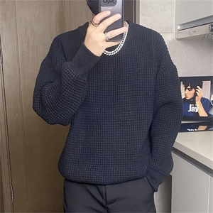 二开M895-特P55男士毛衣纯色高级感内搭圆领线衣华夫格针织打底衫图片