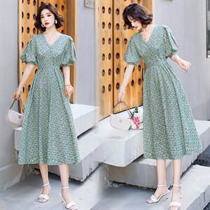 V领短袖时尚收腰气质百搭韩版2021夏季连衣裙，女装连衣裙，超帛