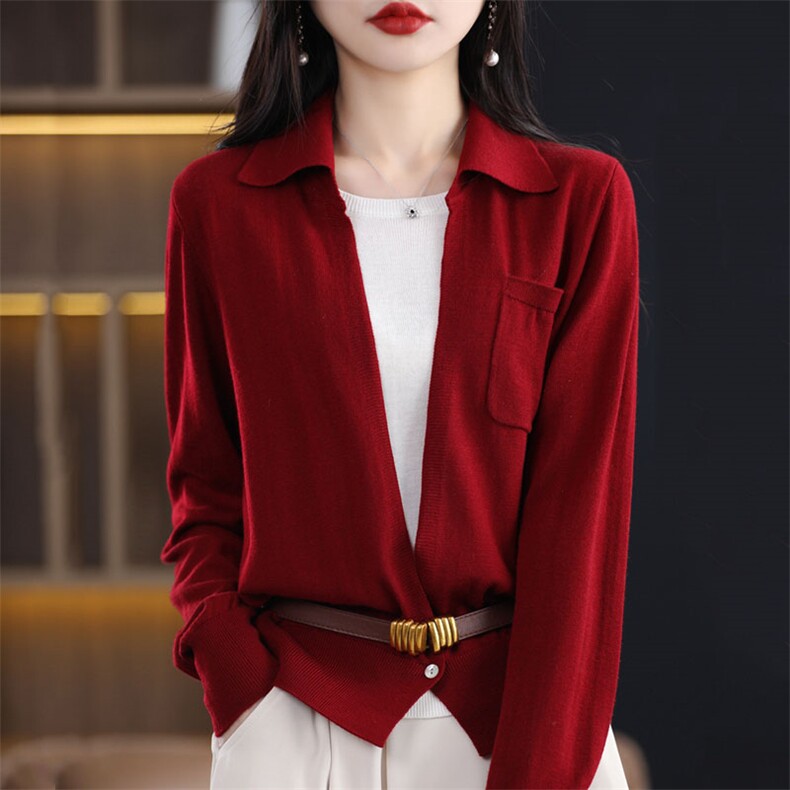 春秋新款精纺羊毛针织开衫外套女POLO领假两件宽松毛衣长袖打底衫图片