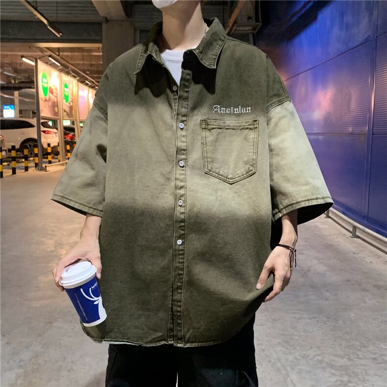 渐变色牛仔短袖衬衫男夏季日系外套高街痞帅五分袖衬衣潮S982-P58,男装衬衫,星座1008