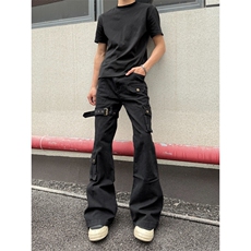 黑色vibe绑带微喇工装牛仔裤男cleanfit美式高街修身裤L66244-P45，男装牛仔裤，星座1008