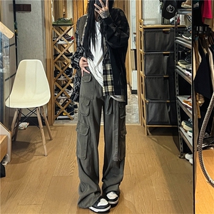 美式复古多口袋做旧工装裤女街头宽松显瘦直筒长裤潮K0202-P45图片