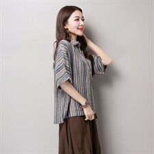时尚夏季翻领短袖宽松套头经典条纹显瘦衬衫，女装衬衫，叶笙衣