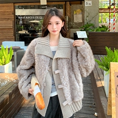 针织拼接羊羔毛短外套女2025冬季新款今年流行设计感时尚皮毛一体，女装羊羔毛/颗粒绒，2C217