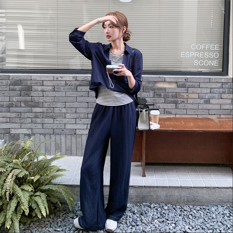 深蓝色淡人松弛感套装女2025秋季慵懒风上衣条纹背心阔腿裤三件套,女装套装/套裙,2C028