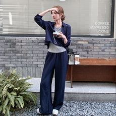 深蓝色淡人松弛感套装女2025秋季慵懒风上衣条纹背心阔腿裤三件套，女装套装/套裙，2C028