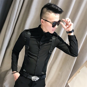 312A-742-P55新款修身长袖衬衫男韩版背带拼接社会人衬衣-首5图片