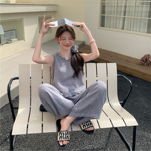 木耳边蓝色无袖衬衫阔腿裤套装女夏ootd穿搭减龄两件套爆款高级感图片