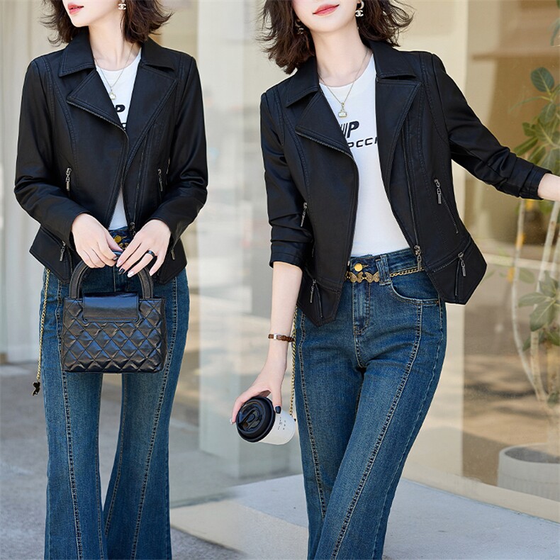 黑色皮衣外套女春秋季小个子短款pu上衣高级感炸街酷飒风穿搭，女装皮衣，跑量工厂店