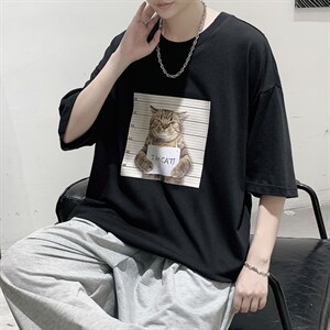 韩系素简监狱猫印花短袖T恤大码宽松男潮517A-1-T916-P28控38图片