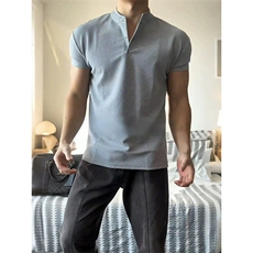 微胖男生穿搭亨利领短袖男款夏季美式重磅收袖口t恤健身三分半袖，男装T恤，电商D256-1(原A064-1)