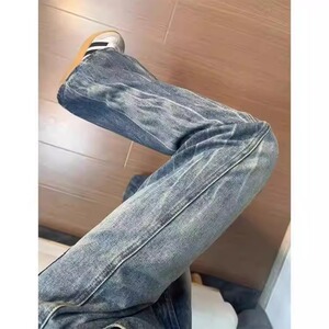 cleanfit蓝色闪电纹斜切牛仔裤男痞帅高街直筒微喇长裤WL4544-P48图片