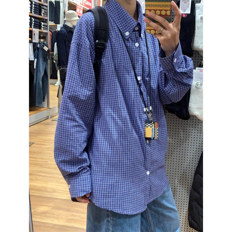 【档口现货】少年感蓝色格子衬衫男春秋季长袖衬衣CS552-特P30,男装衬衫,星座1007（原301D）