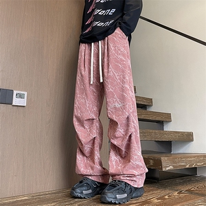 特批P35无差价秋季扎染直筒灯芯绒裤子潮褶皱阔腿拖地长裤男K1345图片