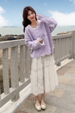 氛围感浪漫风套装女秋季2025新款蕾丝拼接蝴蝶针织衫半身裙两件套，女装套装/套裙，2C133