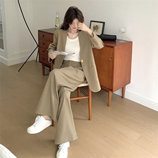 卡其色时尚西装套装女2025春秋新款韩系轻熟风休闲阔腿裤两件套，女装套装/套裙，2C116