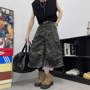 美式水洗多口袋迷彩牛仔七分裤男女夏季潮牌痞帅宽松短裤D021-P48图片