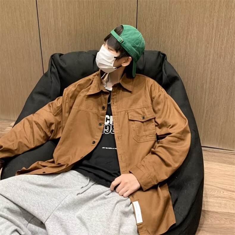 工装衬衫男长袖贴标港风潮流帅气日系2023秋夏季ins外套CY493-P41,男装衬衫,星座412-3