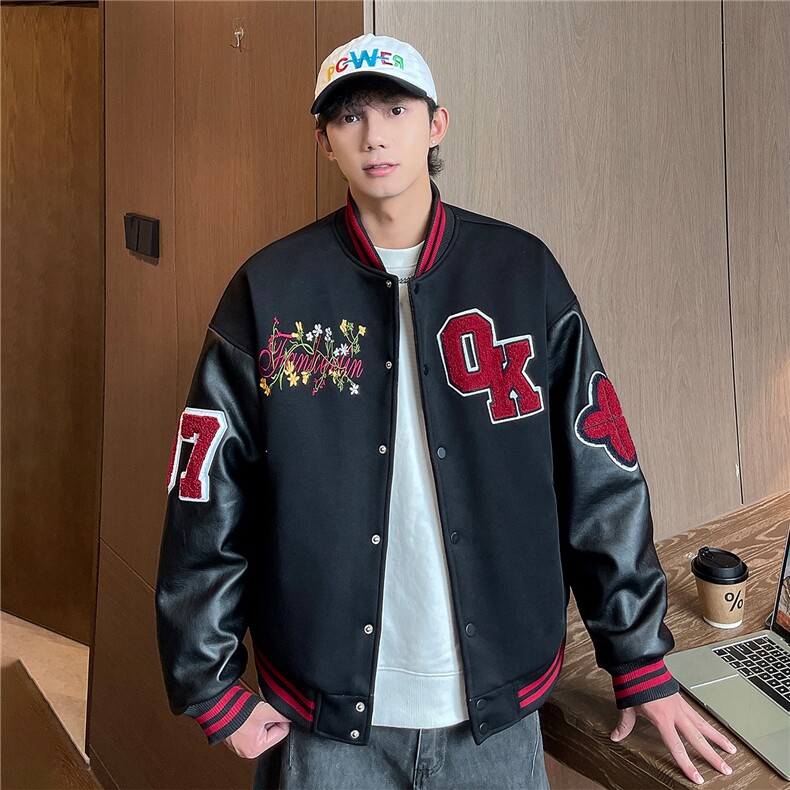 JK5872-P85 美式拼接刺绣皮质撞色棒球服飞行员夹克外套 控149图片