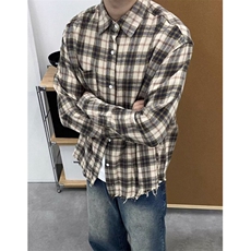 秋季休闲格子长袖衬衫男宽松街头百搭氛围感毛边上衣C3054，男装衬衫，星座1116A（原606A-3）