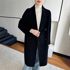 2025年秋季新款百搭女士POLO领单排扣长袖中长款大衣，女装双面呢大衣，鹿展羊绒大衣