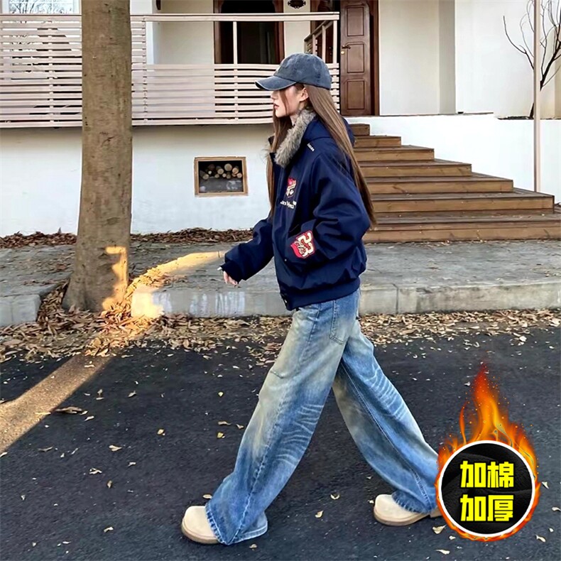 现货高品质美式高街重磅刺绣座山雕大毛毛领棉衣男女加厚棉服外套,男装棉衣,电商A486