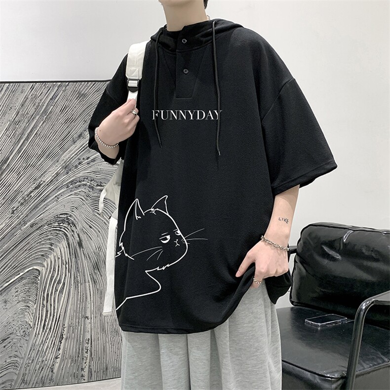 LD54149-P45连帽短袖t恤男大码胖子带帽五分袖中袖大皂风,男装T恤,电商A040