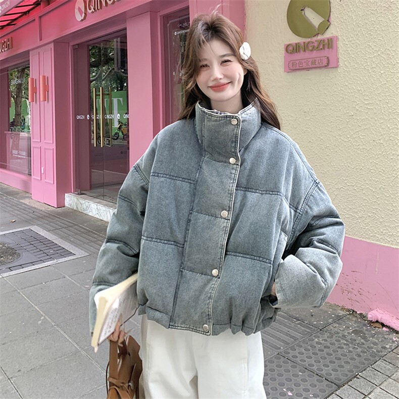 复古牛仔立领羽绒服女2025冬季新款美式学院风休闲百搭白鸭绒外套,女装羽绒服,2C170