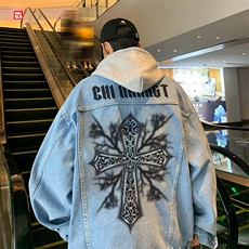 春季港风大码假两件连帽牛仔夹克外套男帽子可拆卸JK735-P88，男装夹克，星座912-1（原星座914-5）