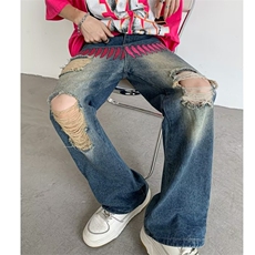 美式街头破洞刺绣牛仔裤男复古高街宽松潮牌K5056-P55，男装牛仔裤，星座1109-3